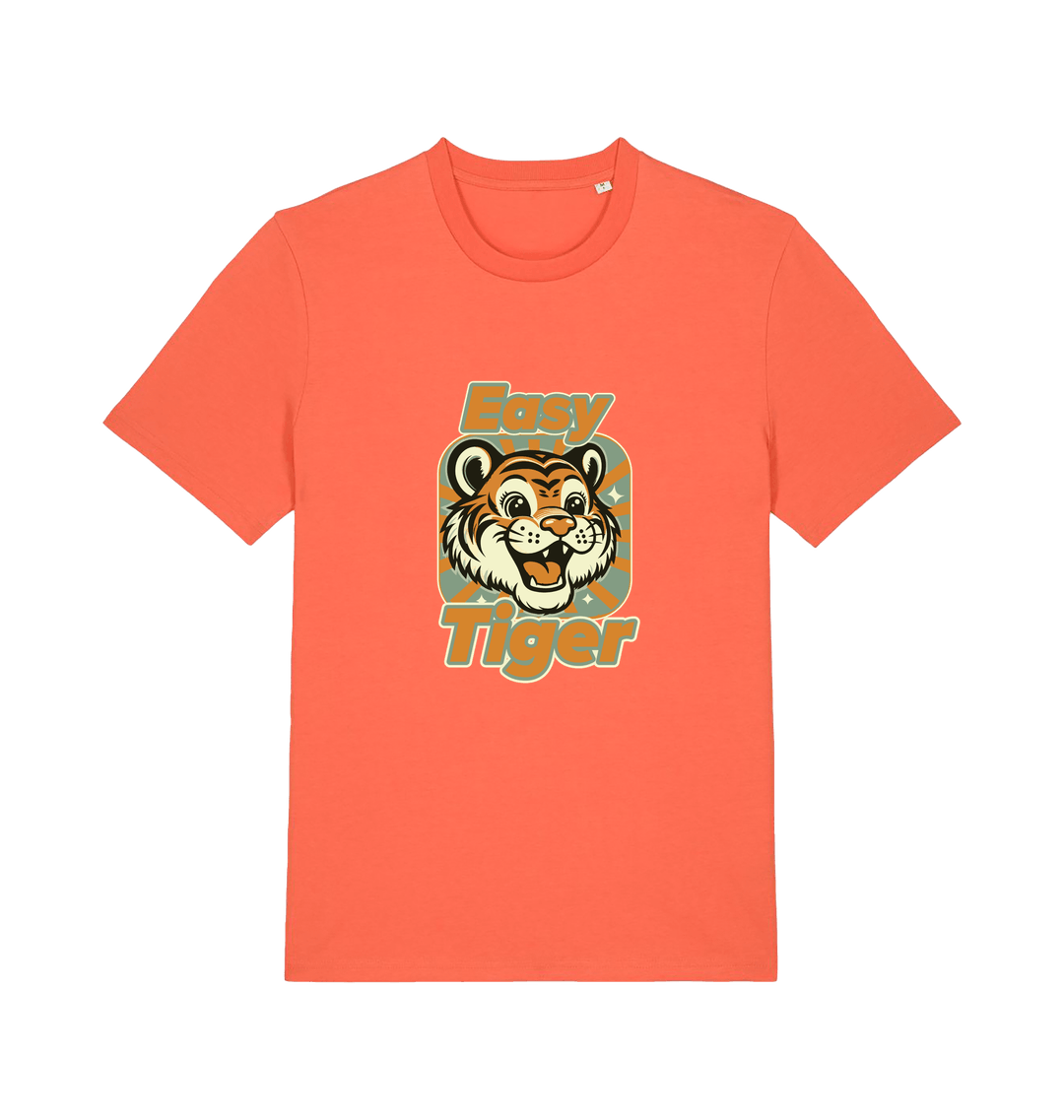 orange animal t-shirt with the graphic of a cartoon tiger and the slogan 'easy tiger