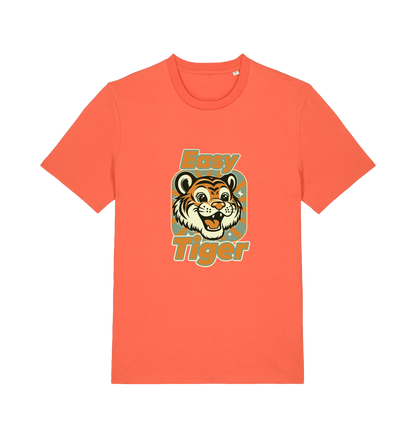 orange animal t-shirt with the graphic of a cartoon tiger and the slogan 'easy tiger