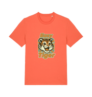 orange animal t-shirt with the graphic of a cartoon tiger and the slogan 'easy tiger