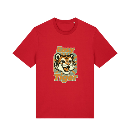 red animal t-shirt with the graphic of a cartoon tiger and the slogan 'easy tiger