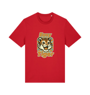 red animal t-shirt with the graphic of a cartoon tiger and the slogan 'easy tiger