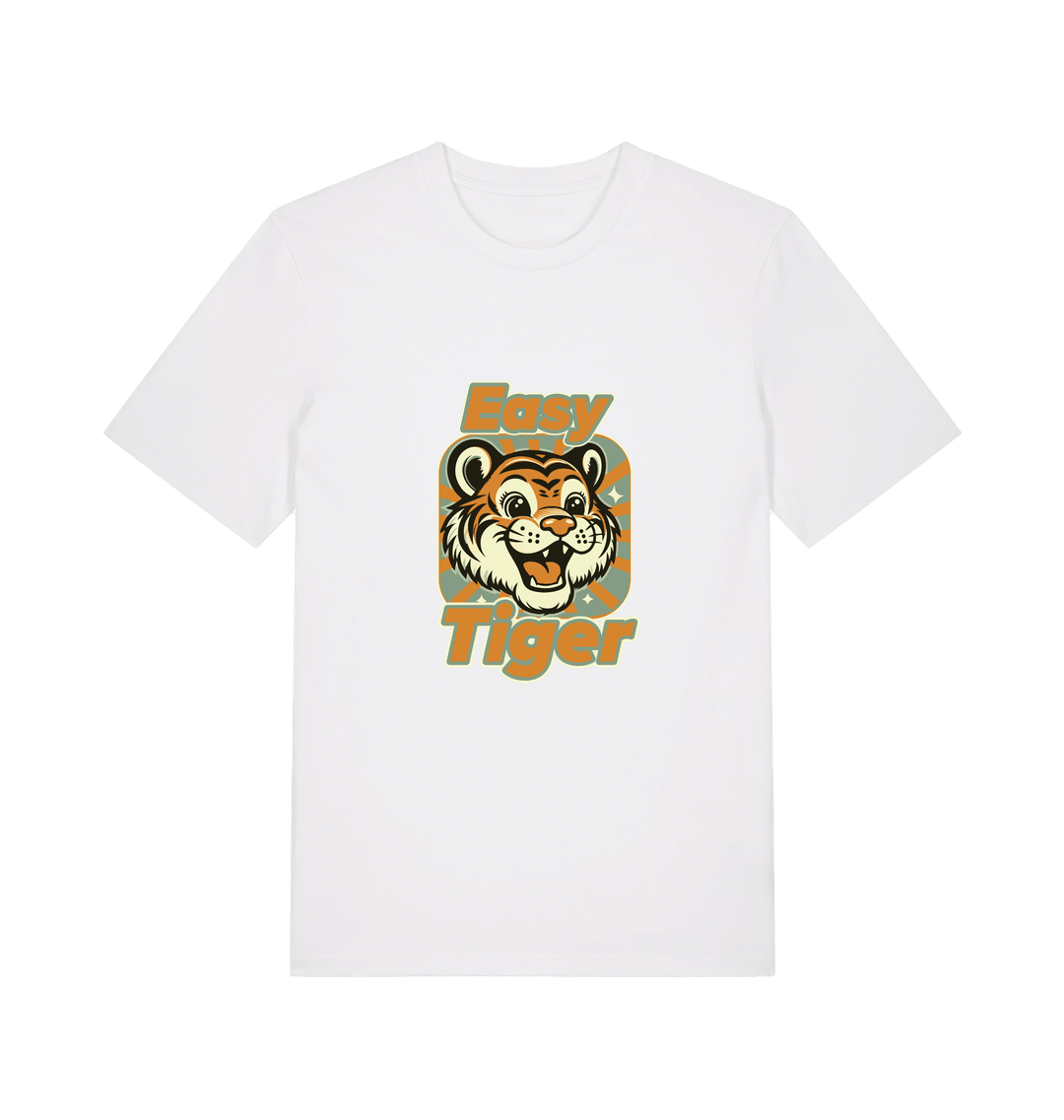 white animal t-shirt with the graphic of a cartoon tiger and the slogan 'easy tiger