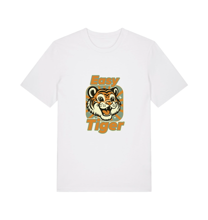 white animal t-shirt with the graphic of a cartoon tiger and the slogan 'easy tiger