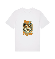white animal t-shirt with the graphic of a cartoon tiger and the slogan 'easy tiger