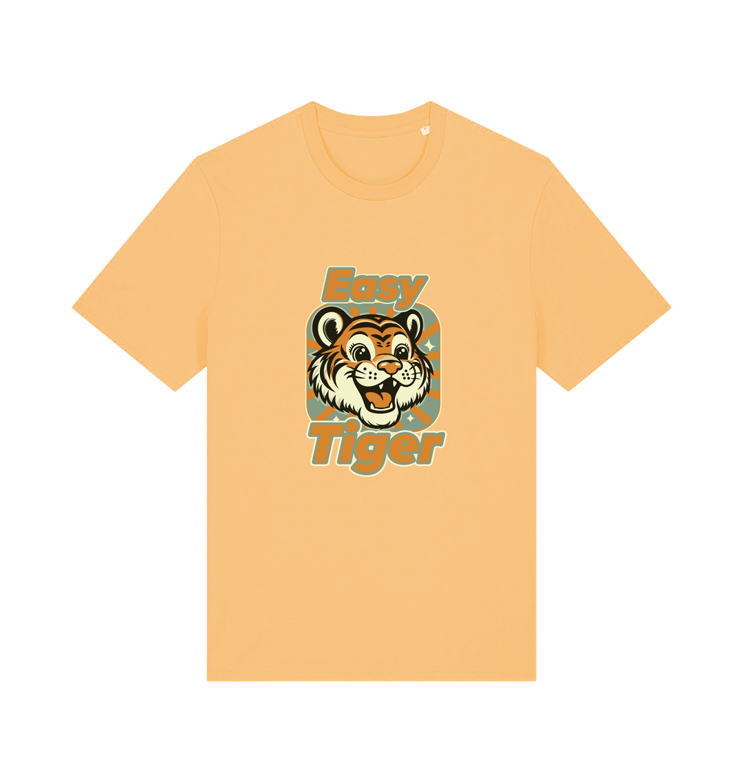 yellow animal t-shirt with the graphic of a cartoon tiger and the slogan 'easy tiger