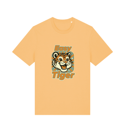 yellow animal t-shirt with the graphic of a cartoon tiger and the slogan 'easy tiger