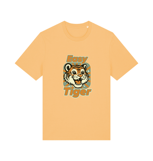 yellow animal t-shirt with the graphic of a cartoon tiger and the slogan 'easy tiger