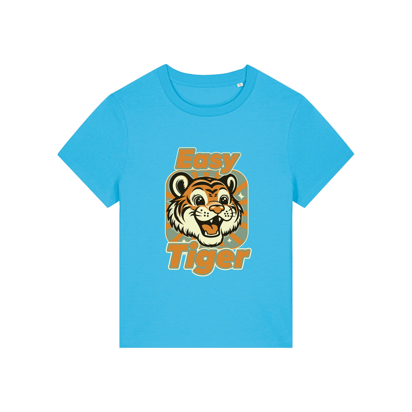 blue animal t-shirt with the graphic of a tiger and the slogan 'easy tiger'