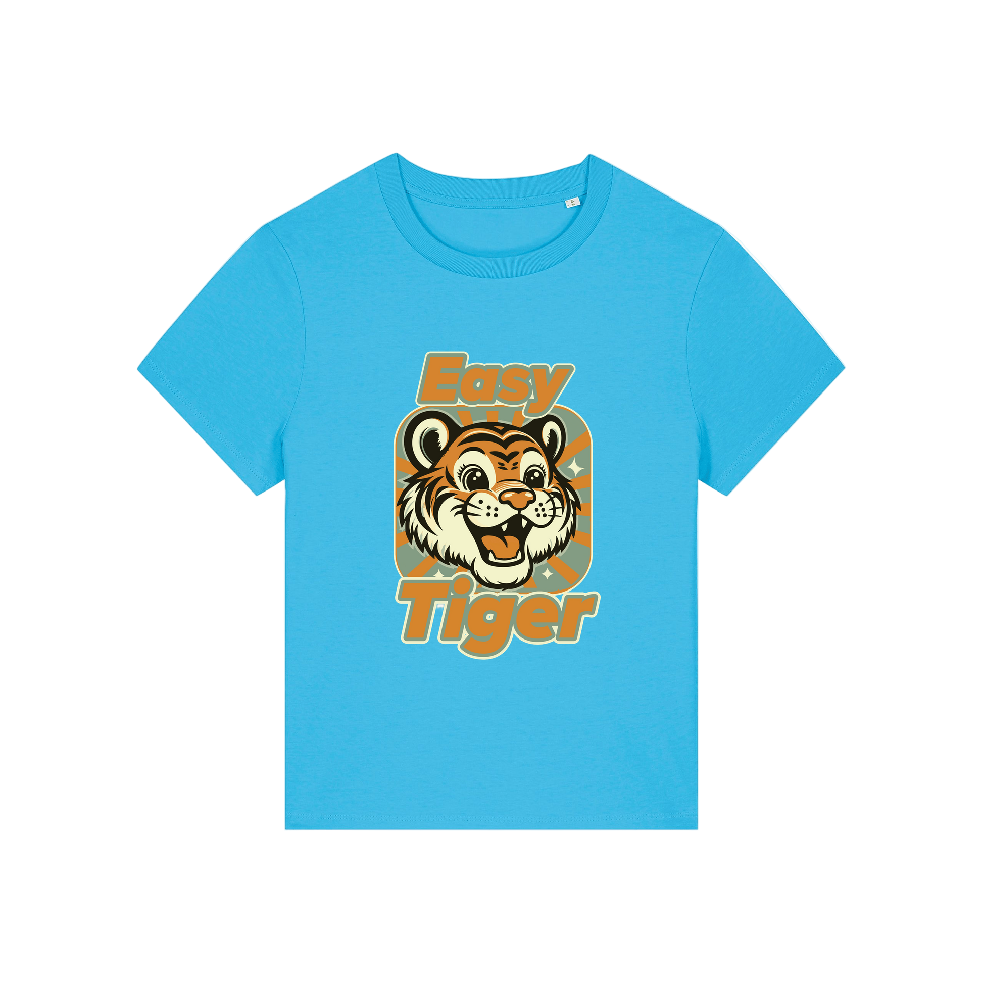 blue animal t-shirt with the graphic of a tiger and the slogan 'easy tiger'