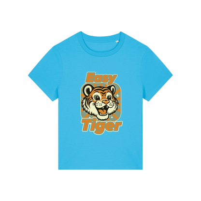 blue animal t-shirt with the graphic of a tiger and the slogan 'easy tiger'