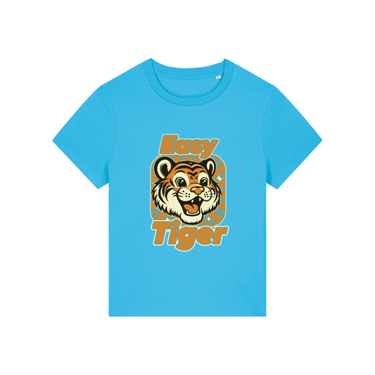 blue animal t-shirt with the graphic of a tiger and the slogan 'easy tiger'