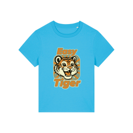 blue animal t-shirt with the graphic of a tiger and the slogan 'easy tiger'