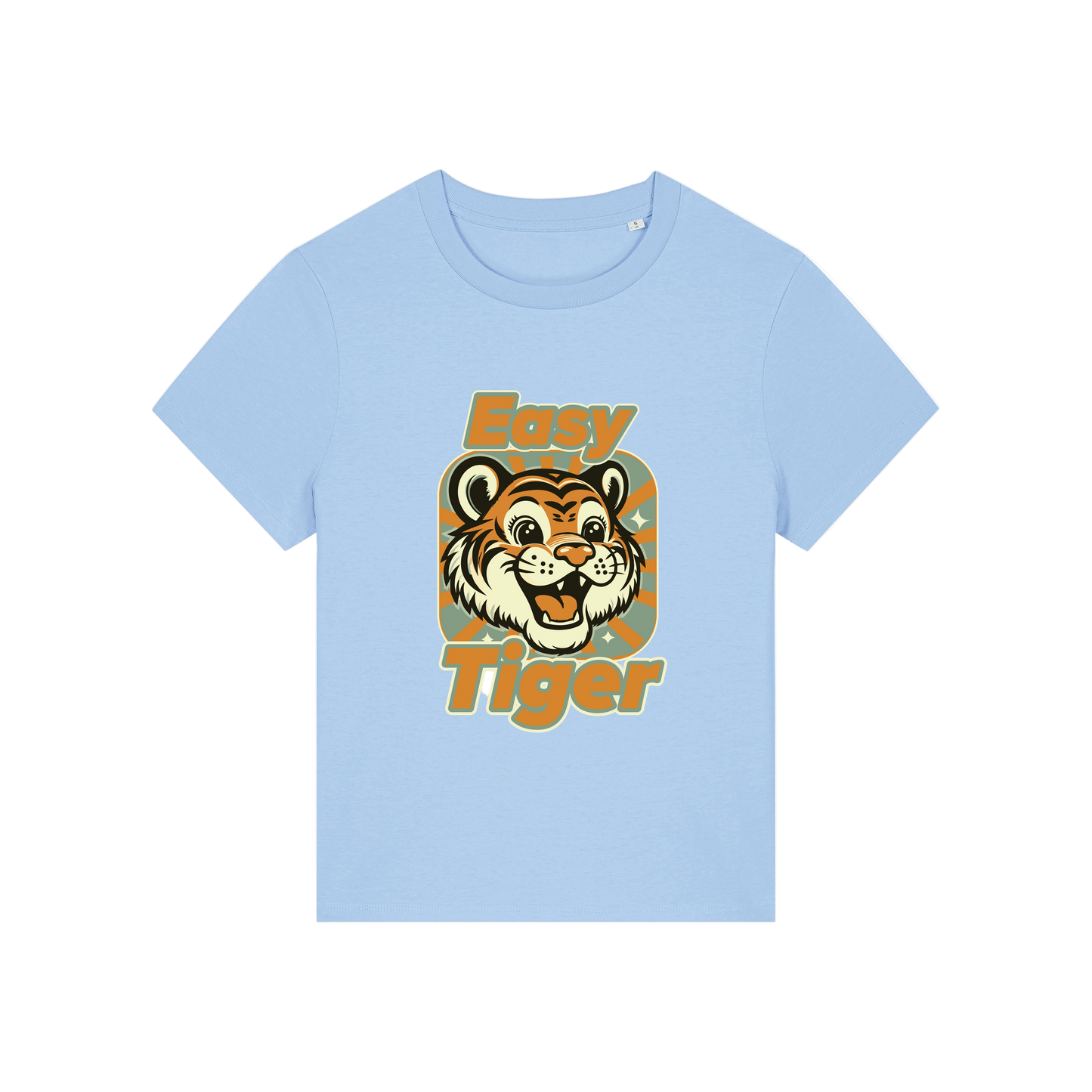 light blue animal t-shirt with the graphic of a tiger and the slogan 'easy tiger'