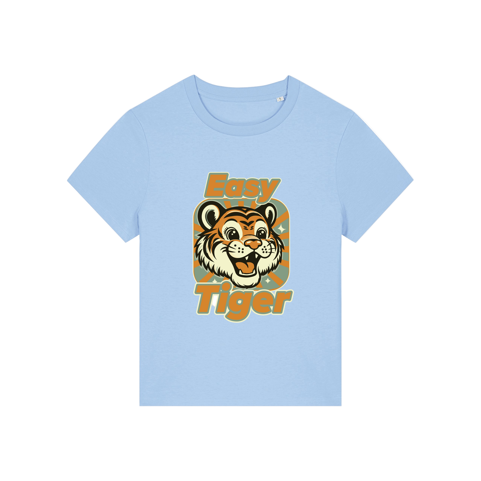 light blue animal t-shirt with the graphic of a tiger and the slogan 'easy tiger'
