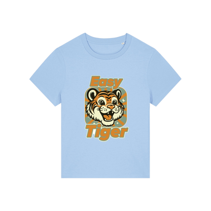 light blue animal t-shirt with the graphic of a tiger and the slogan 'easy tiger'