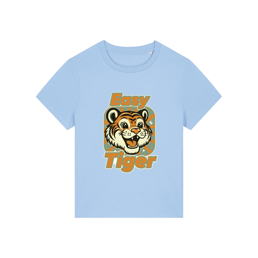 light blue animal t-shirt with the graphic of a tiger and the slogan 'easy tiger'