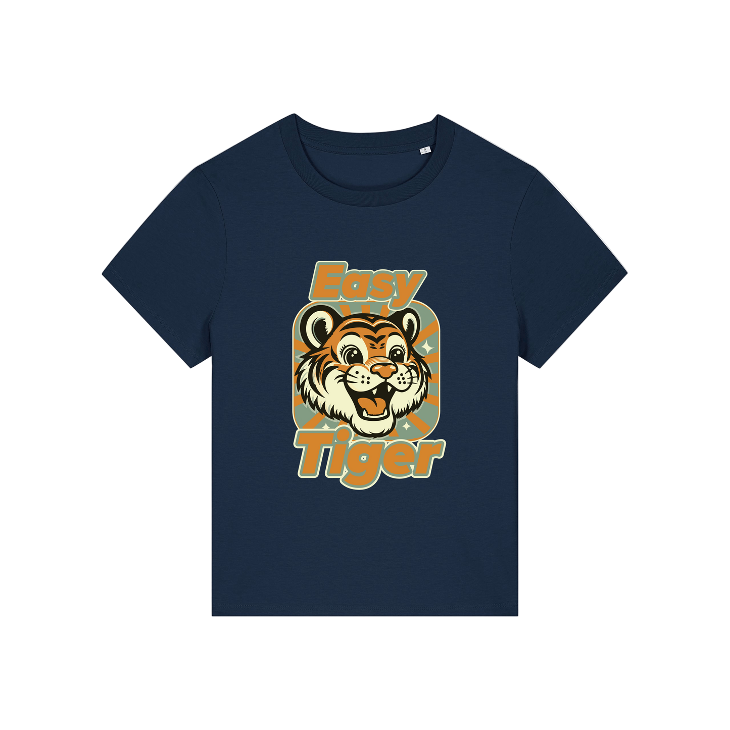 navy animal t-shirt with the graphic of a tiger and the slogan 'easy tiger'