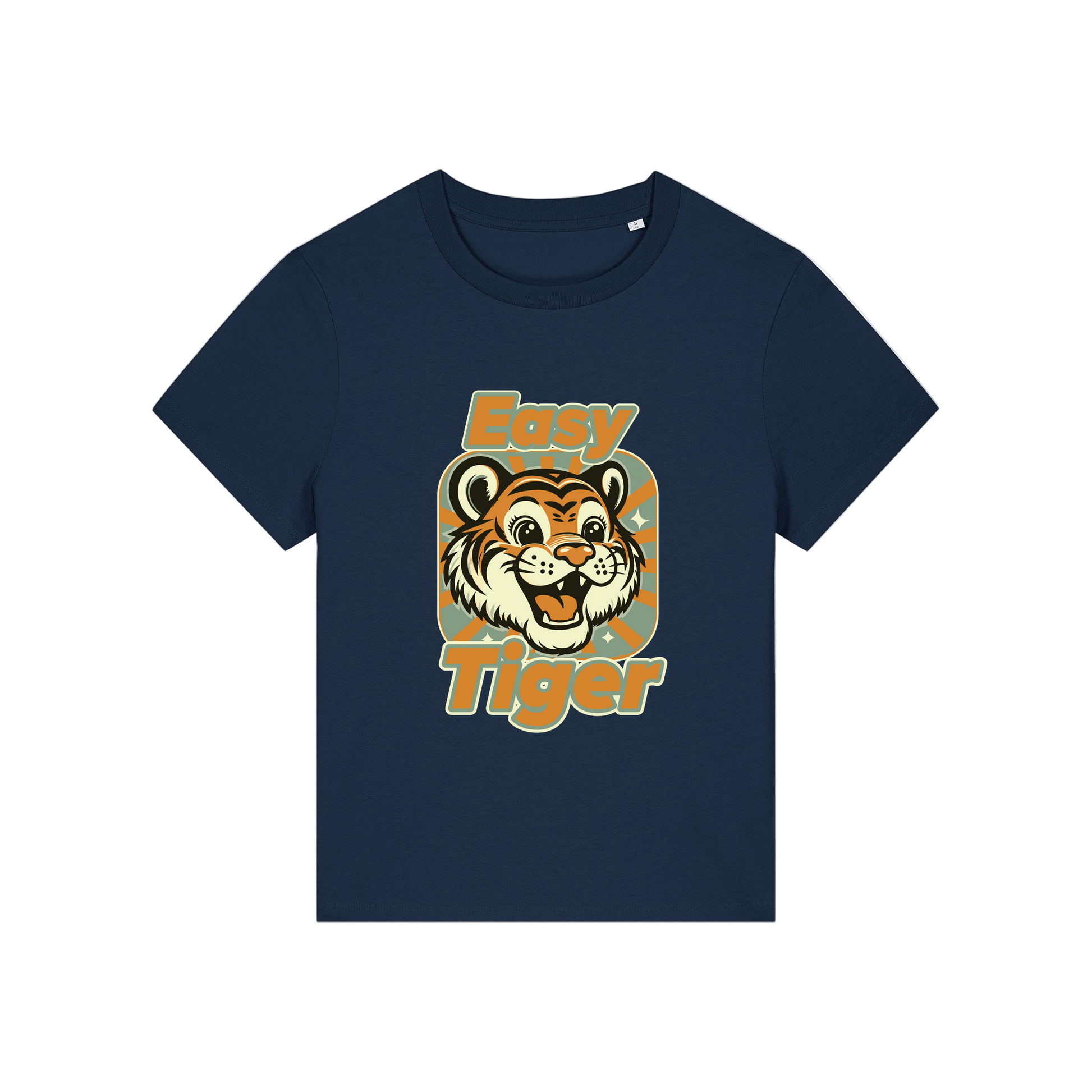navy animal t-shirt with the graphic of a tiger and the slogan 'easy tiger'
