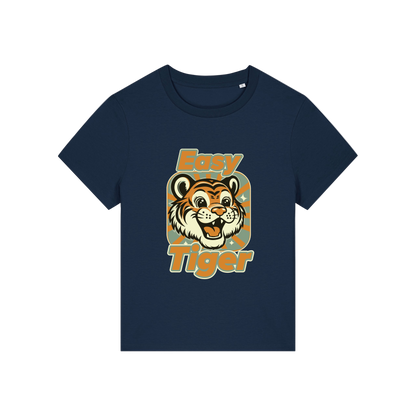 navy animal t-shirt with the graphic of a tiger and the slogan 'easy tiger'