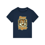 navy animal t-shirt with the graphic of a tiger and the slogan 'easy tiger'