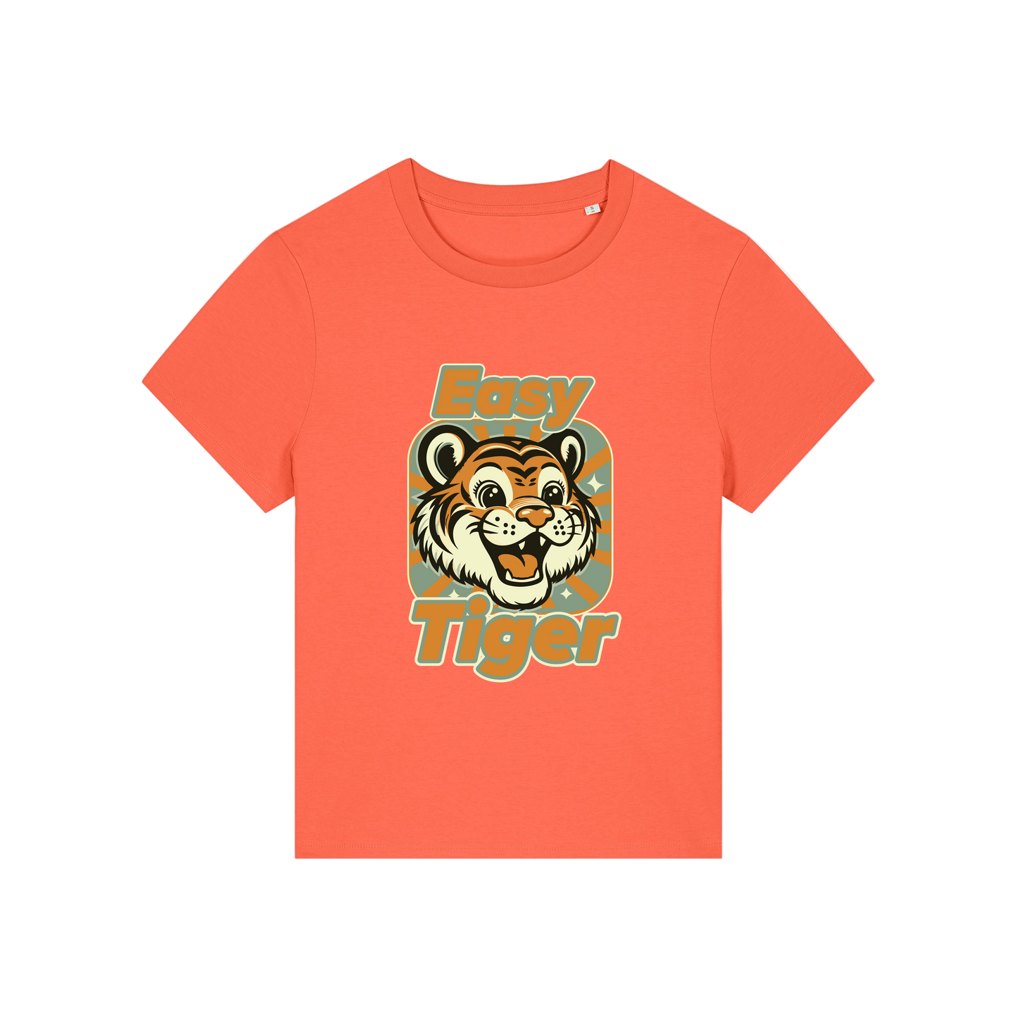 orange animal t-shirt with the graphic of a tiger and the slogan 'easy tiger'