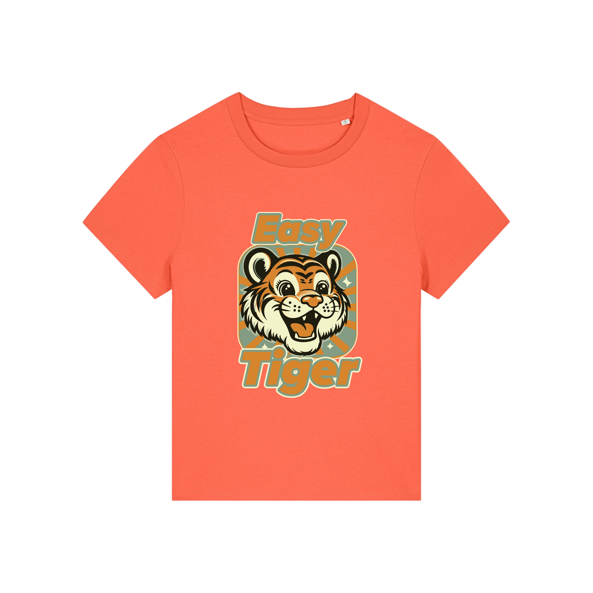 orange animal t-shirt with the graphic of a tiger and the slogan 'easy tiger'