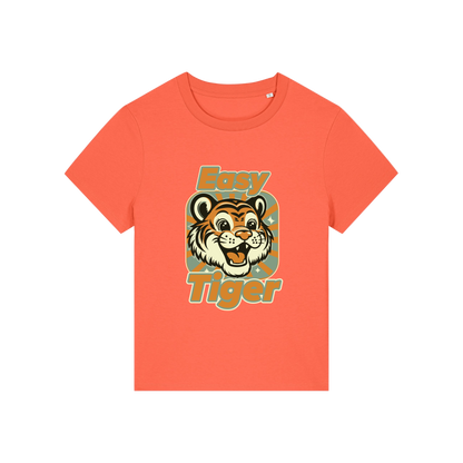 orange animal t-shirt with the graphic of a tiger and the slogan 'easy tiger'