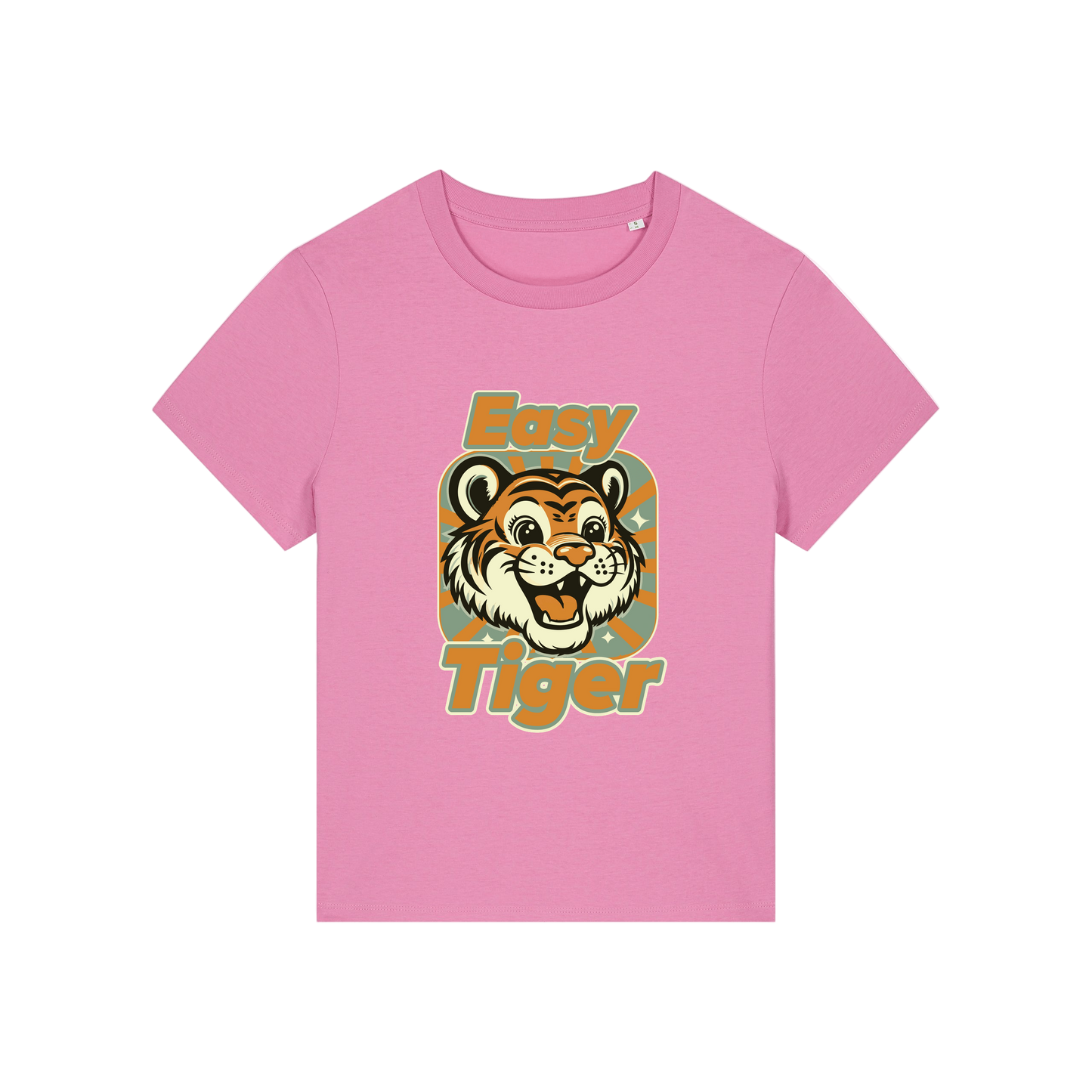 pink animal t-shirt with the graphic of a tiger and the slogan 'easy tiger'