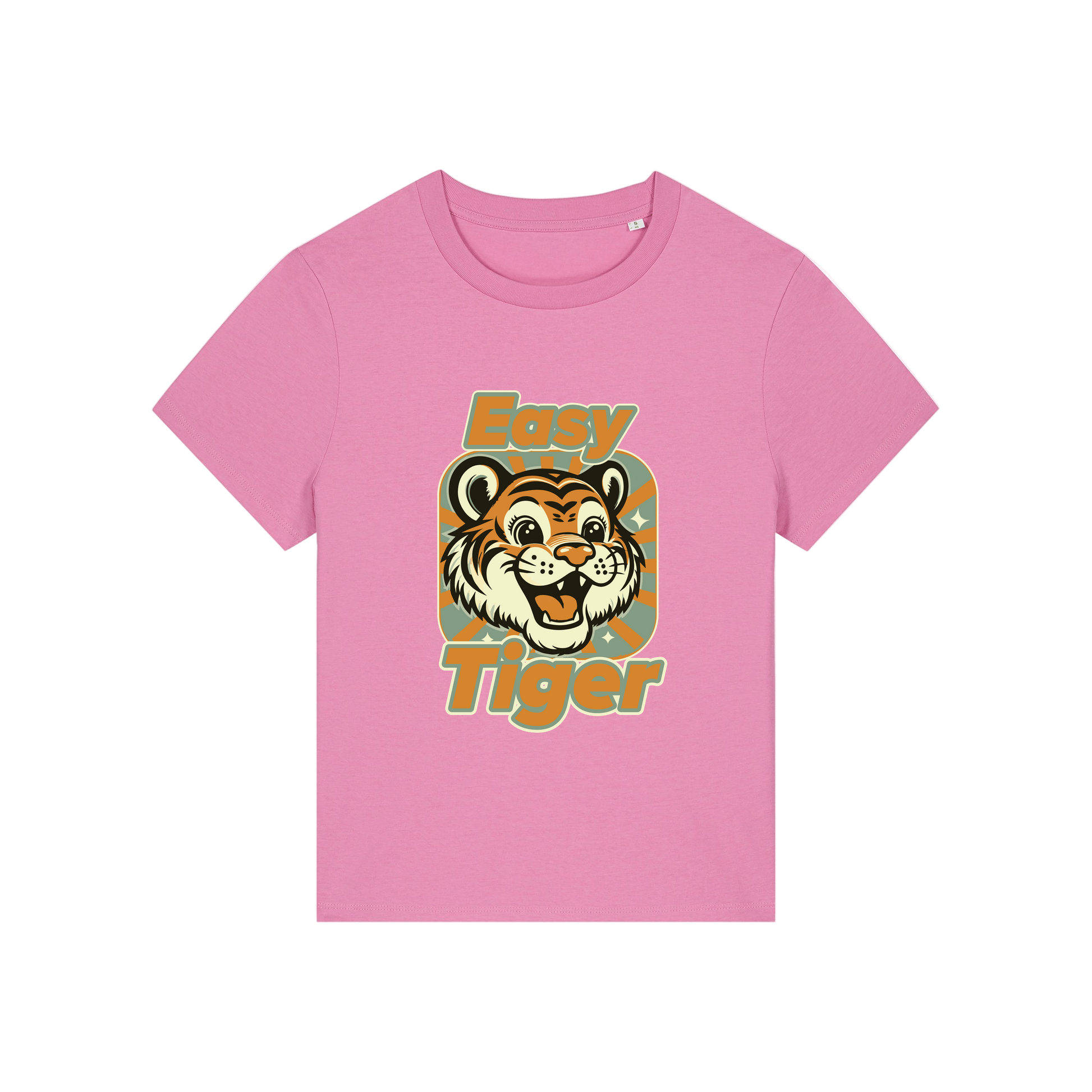 pink animal t-shirt with the graphic of a tiger and the slogan 'easy tiger'