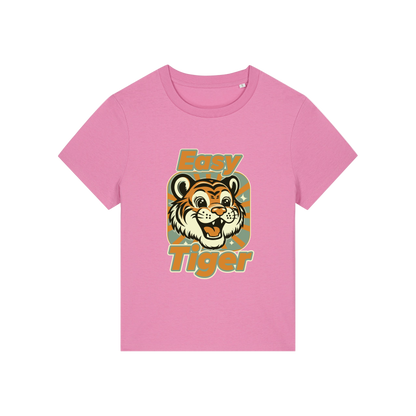 pink animal t-shirt with the graphic of a tiger and the slogan 'easy tiger'
