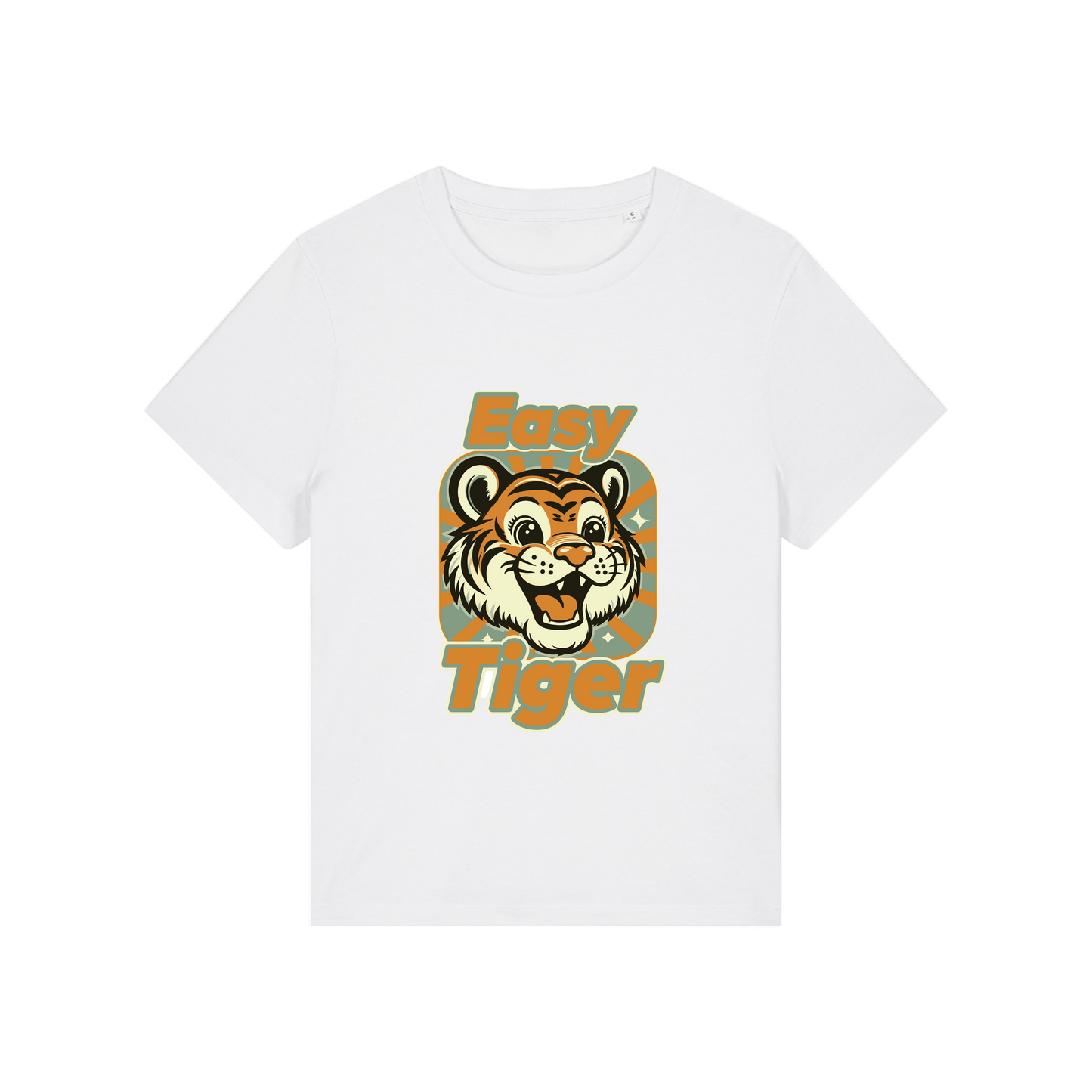 white animal t-shirt with the graphic of a tiger and the slogan 'easy tiger'