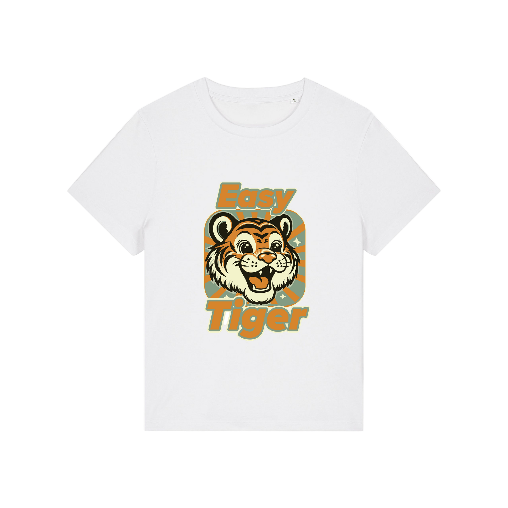 white animal t-shirt with the graphic of a tiger and the slogan 'easy tiger'