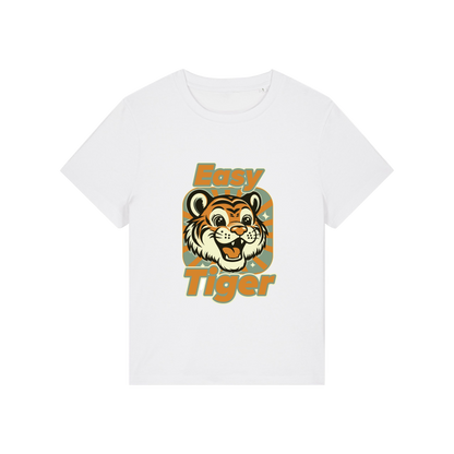white animal t-shirt with the graphic of a tiger and the slogan 'easy tiger'