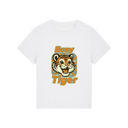 white animal t-shirt with the graphic of a tiger and the slogan 'easy tiger'