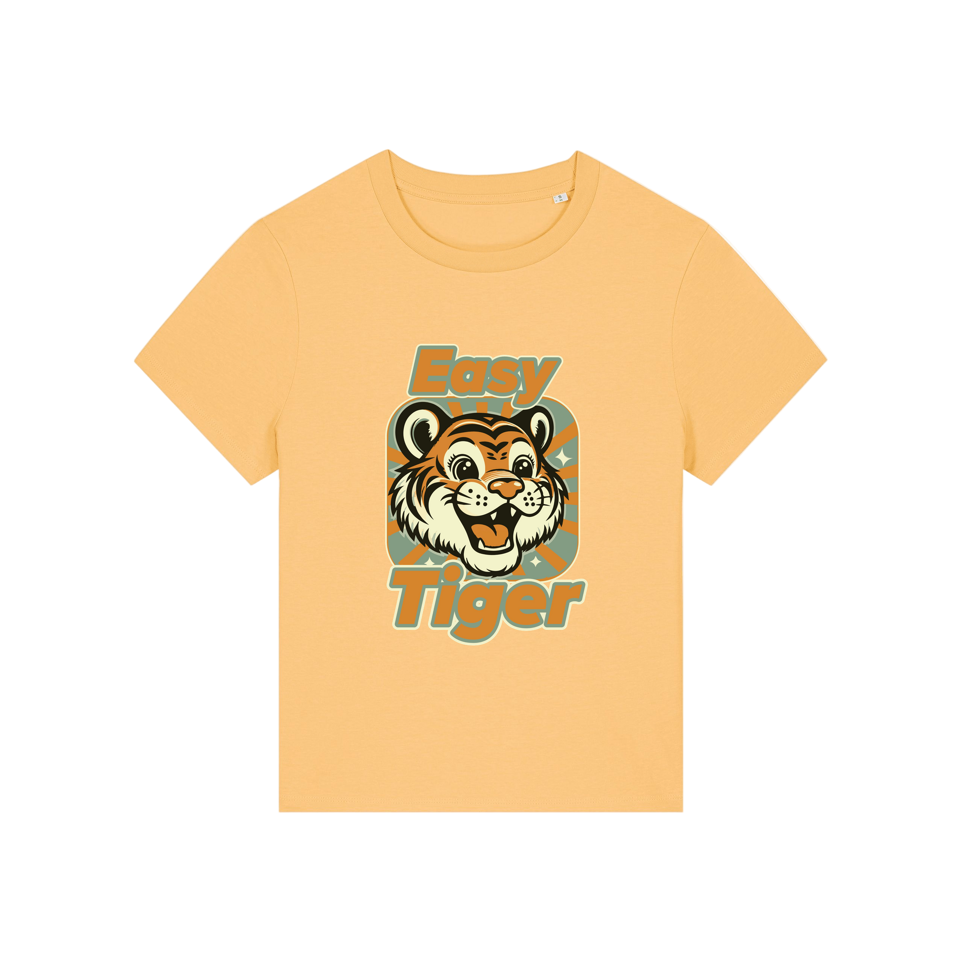 yellow animal t-shirt with the graphic of a tiger and the slogan 'easy tiger'