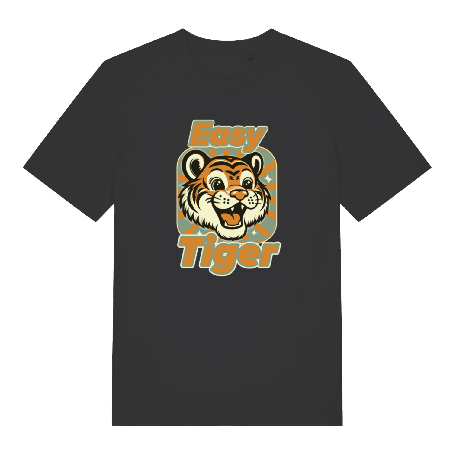 black animal t-shirt with the graphic of a tiger and the slogan 'easy tiger'