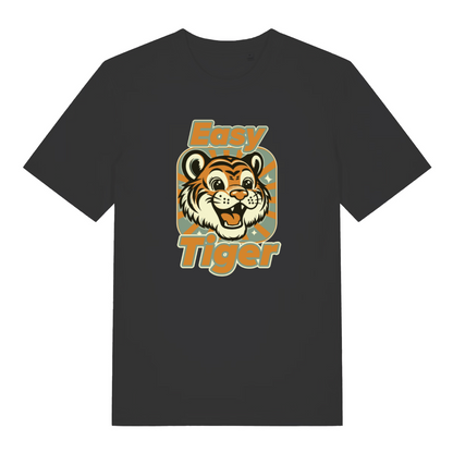 black animal t-shirt with the graphic of a tiger and the slogan 'easy tiger'