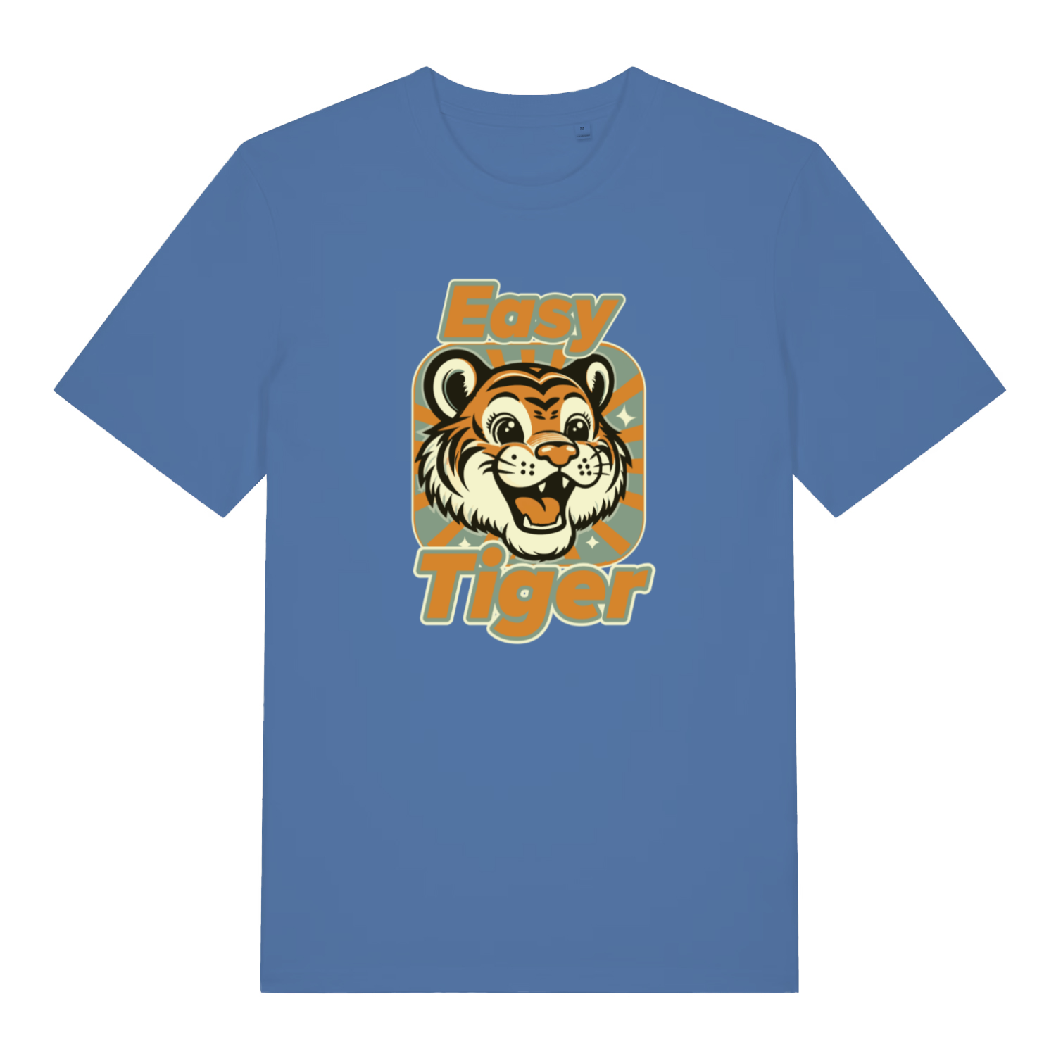 blue animal t-shirt with the graphic of a tiger and the slogan 'easy tiger'