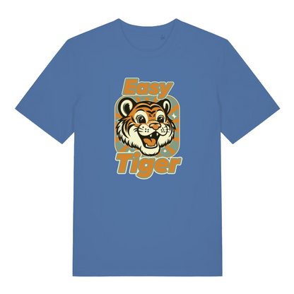 blue animal t-shirt with the graphic of a tiger and the slogan 'easy tiger'