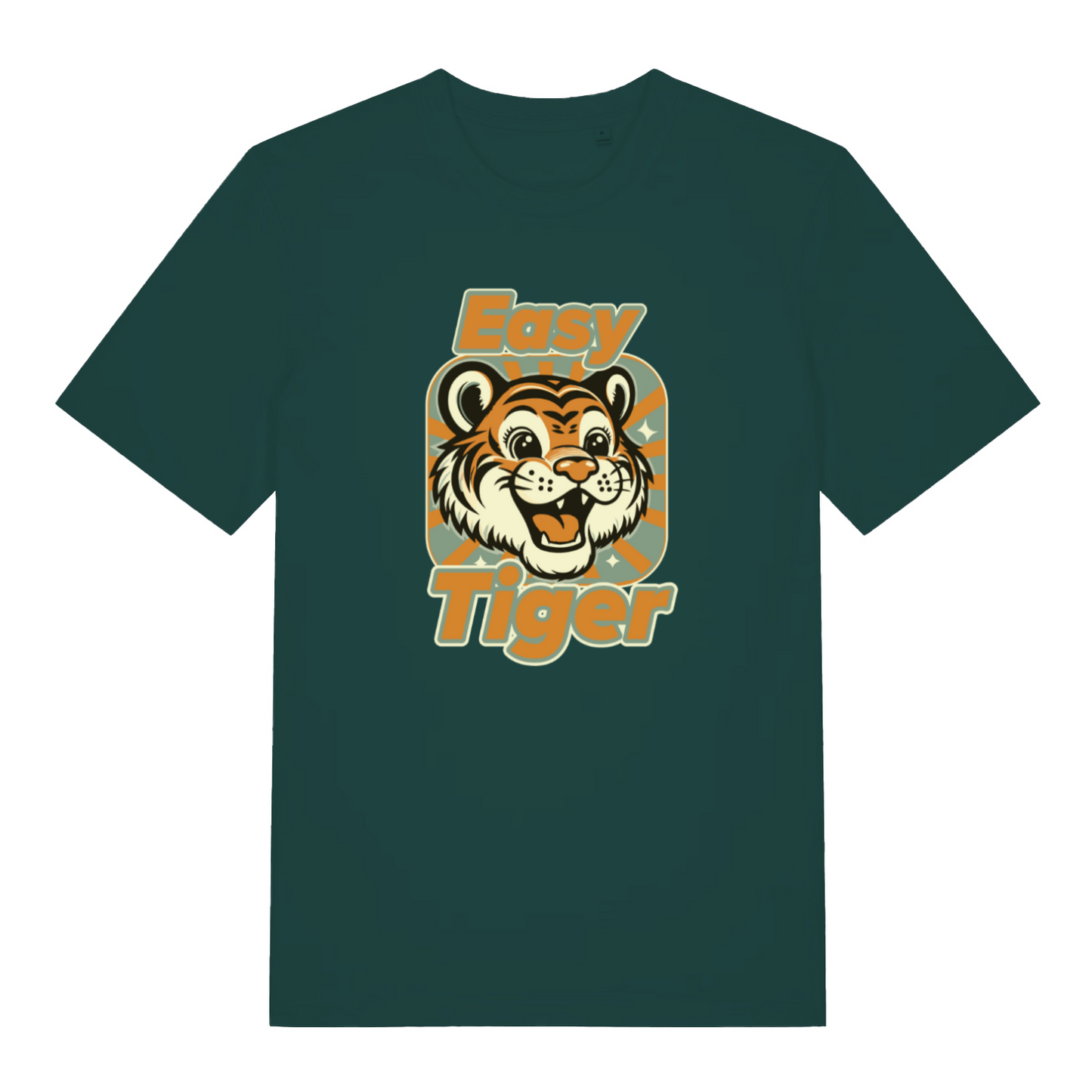 green animal t-shirt with the graphic of a tiger and the slogan 'easy tiger'