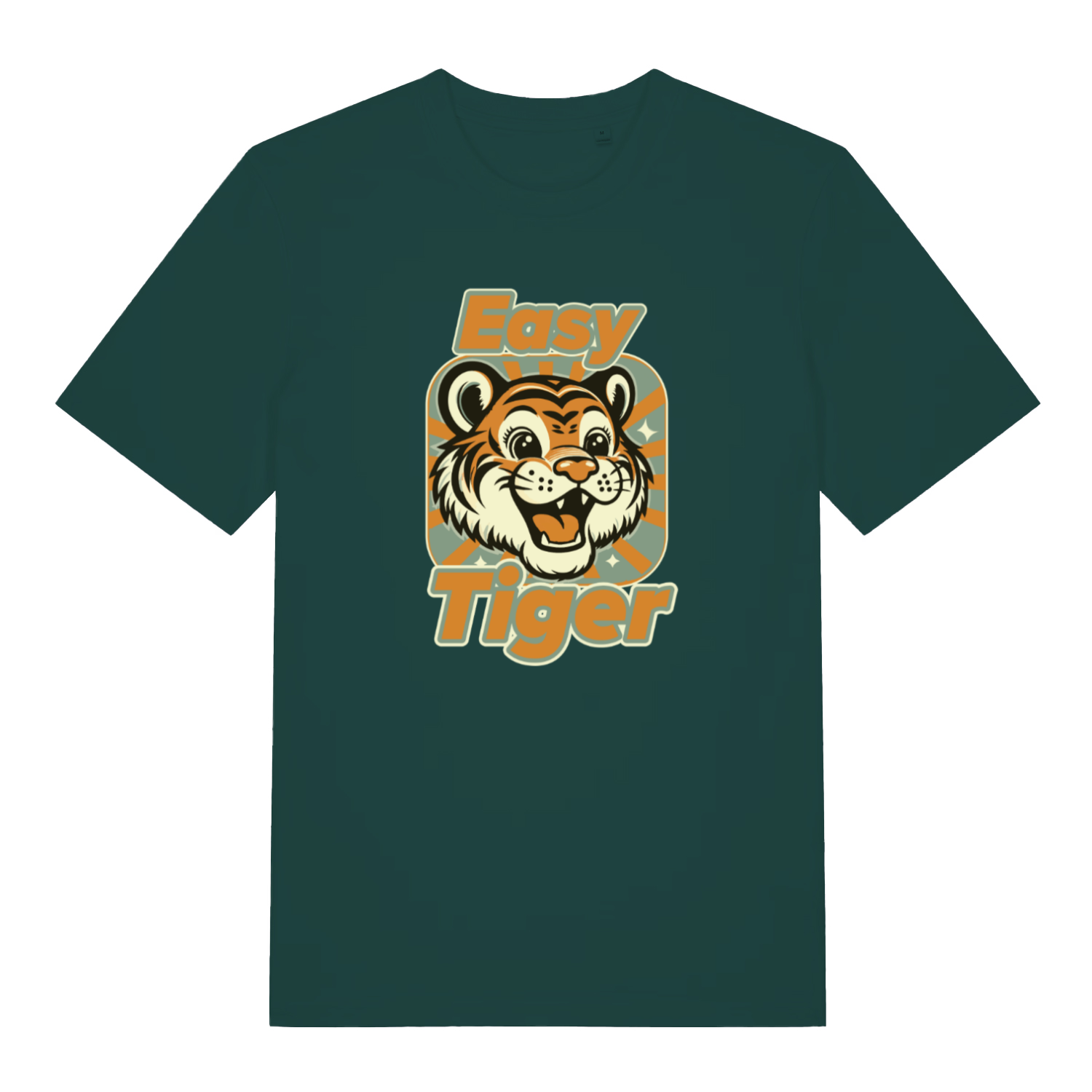 green animal t-shirt with the graphic of a tiger and the slogan 'easy tiger'