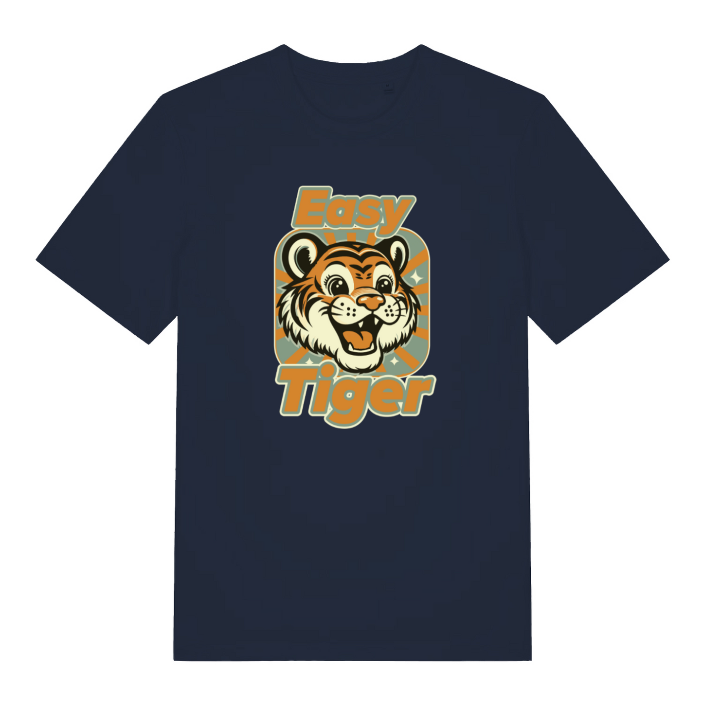navy animal t-shirt with the graphic of a tiger and the slogan 'easy tiger'