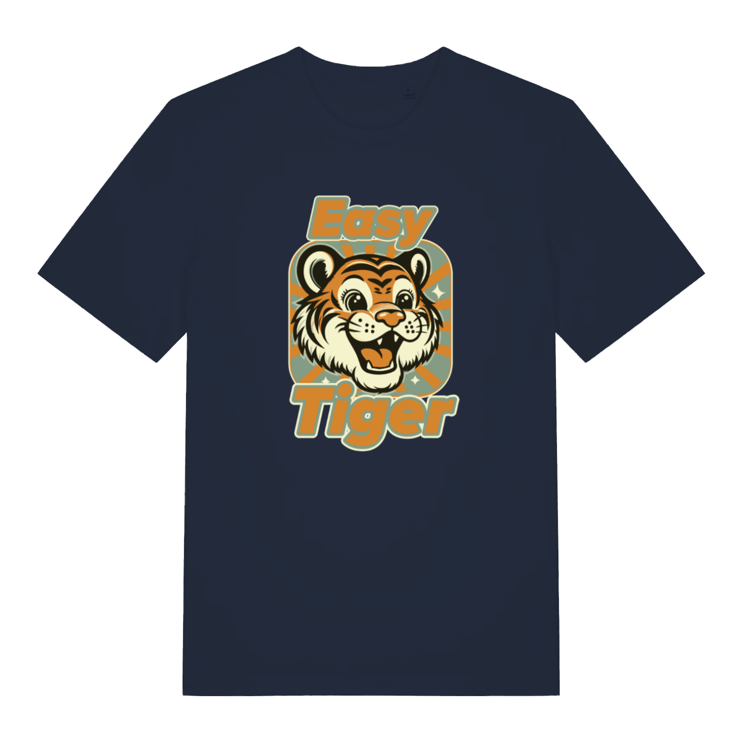 navy animal t-shirt with the graphic of a tiger and the slogan 'easy tiger'