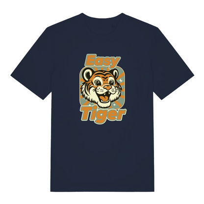 navy animal t-shirt with the graphic of a tiger and the slogan 'easy tiger'