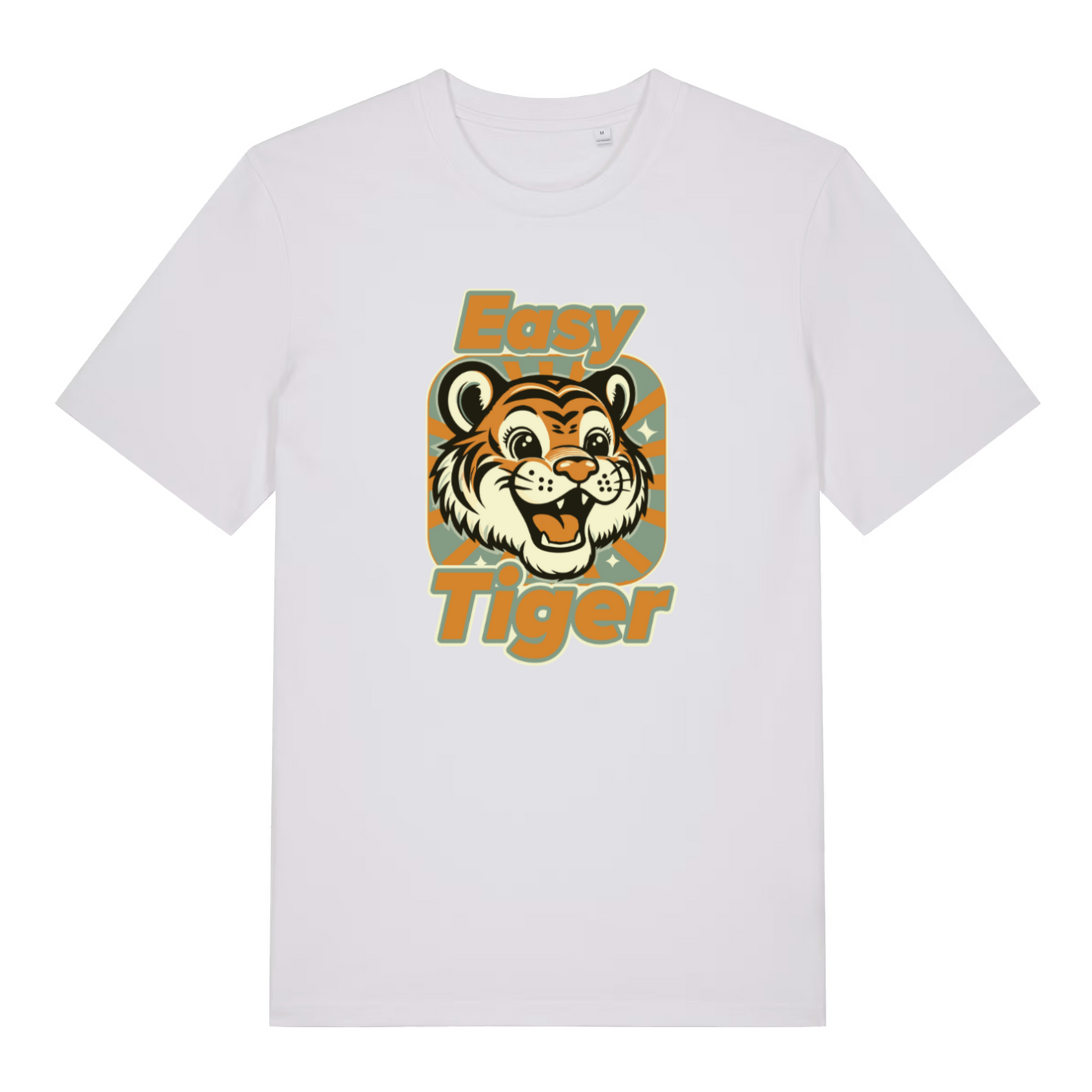 white animal t-shirt with the graphic of a tiger and the slogan 'easy tiger'