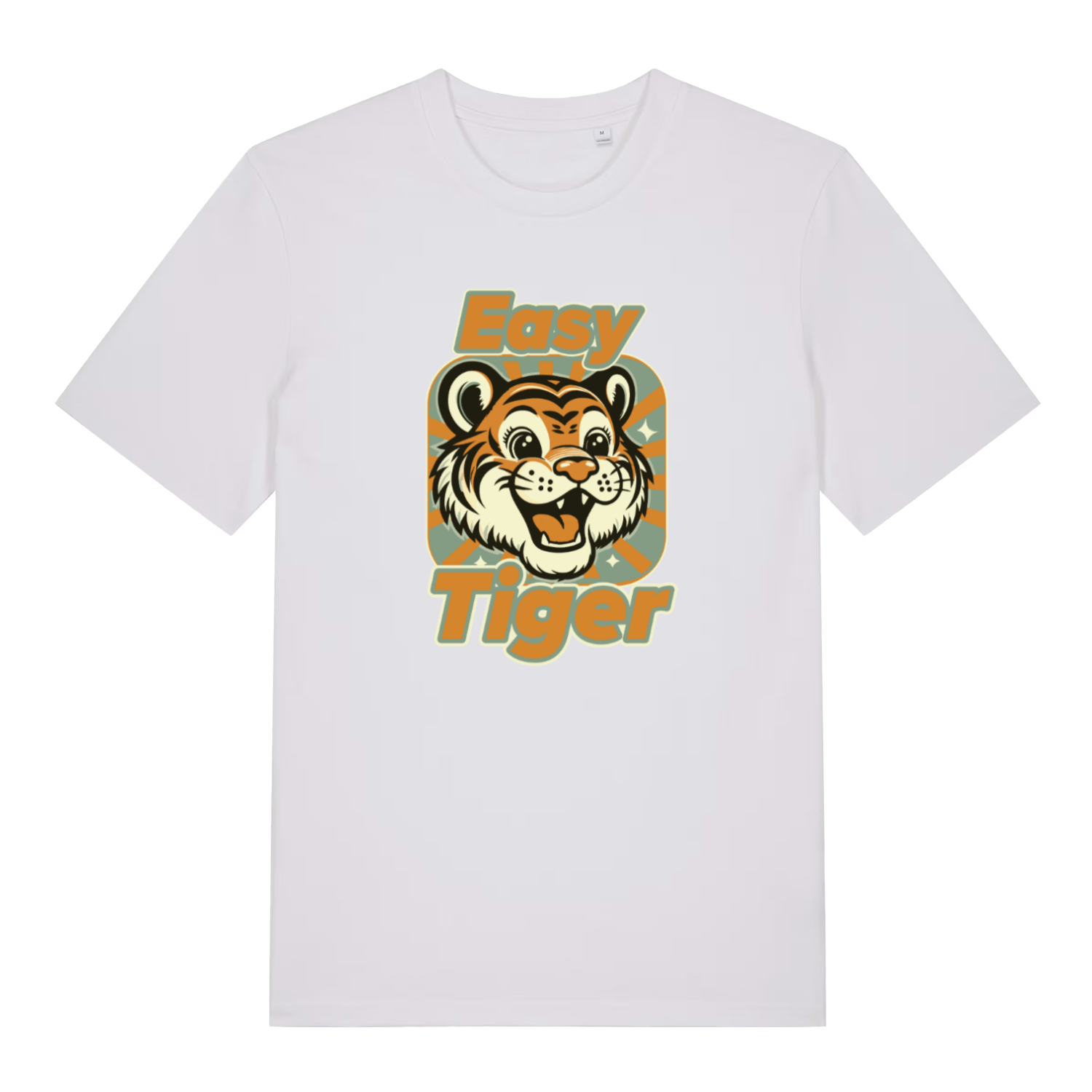 white animal t-shirt with the graphic of a tiger and the slogan 'easy tiger'