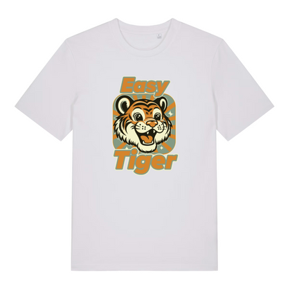 white animal t-shirt with the graphic of a tiger and the slogan 'easy tiger'