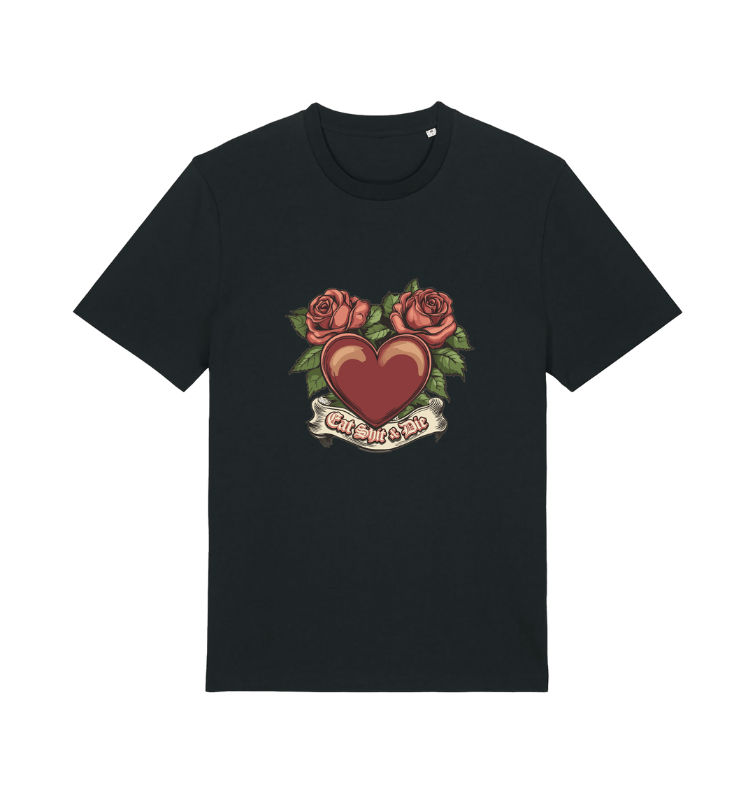 Black offensive t-shirt with a heart and roses graphic and the slogan 'eat shit and die'