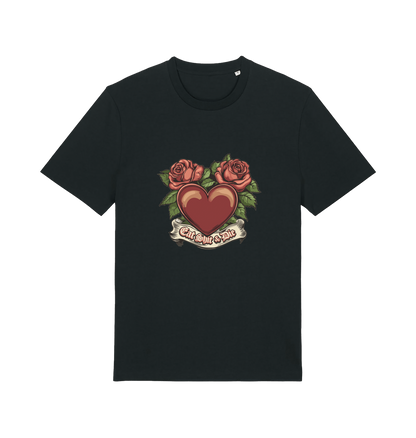 Black offensive t-shirt with a heart and roses graphic and the slogan 'eat shit and die'