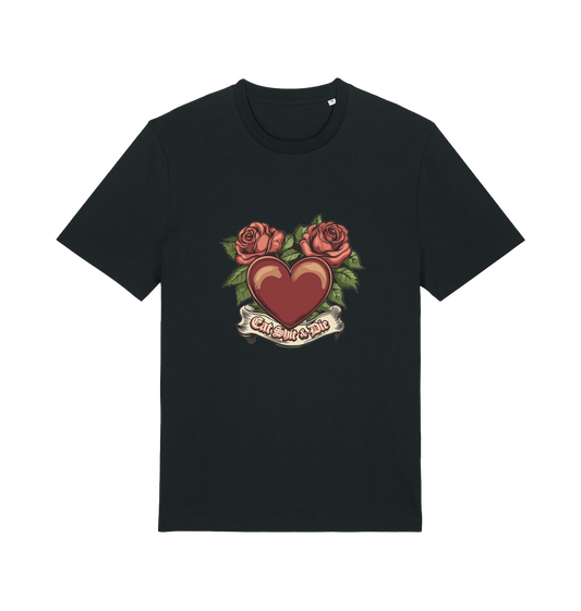 Black offensive t-shirt with a heart and roses graphic and the slogan 'eat shit and die'